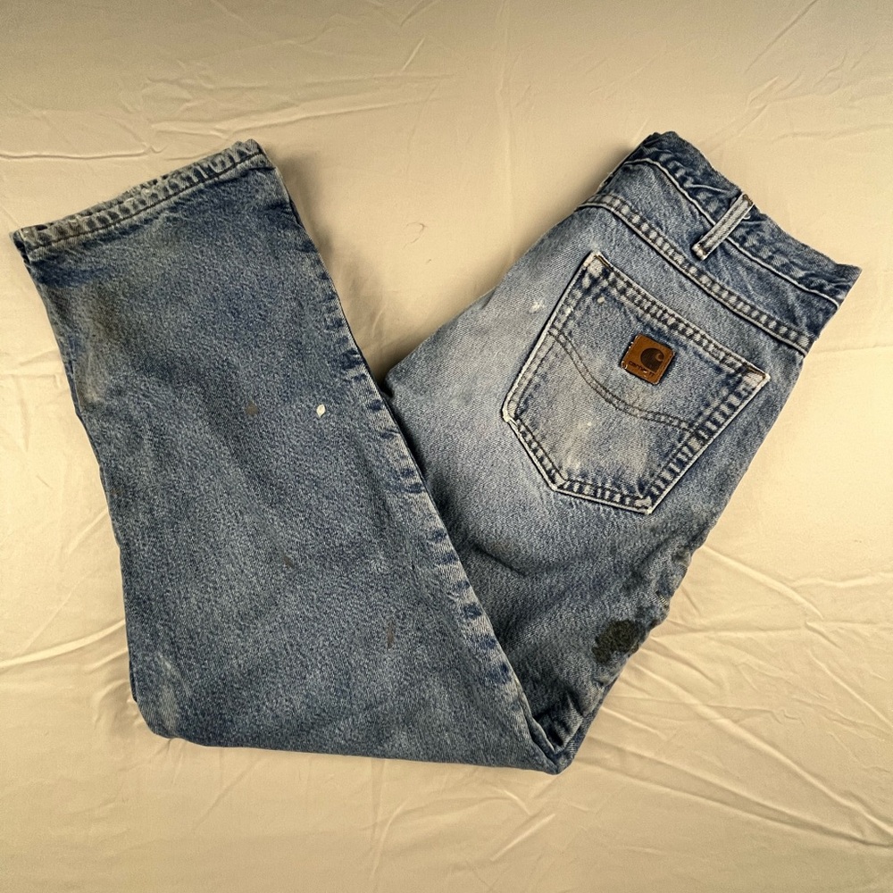 Carhartt Flannel Lined Jeans Mens 32x30 Blue B172 Relaxed Stained Thrashed.